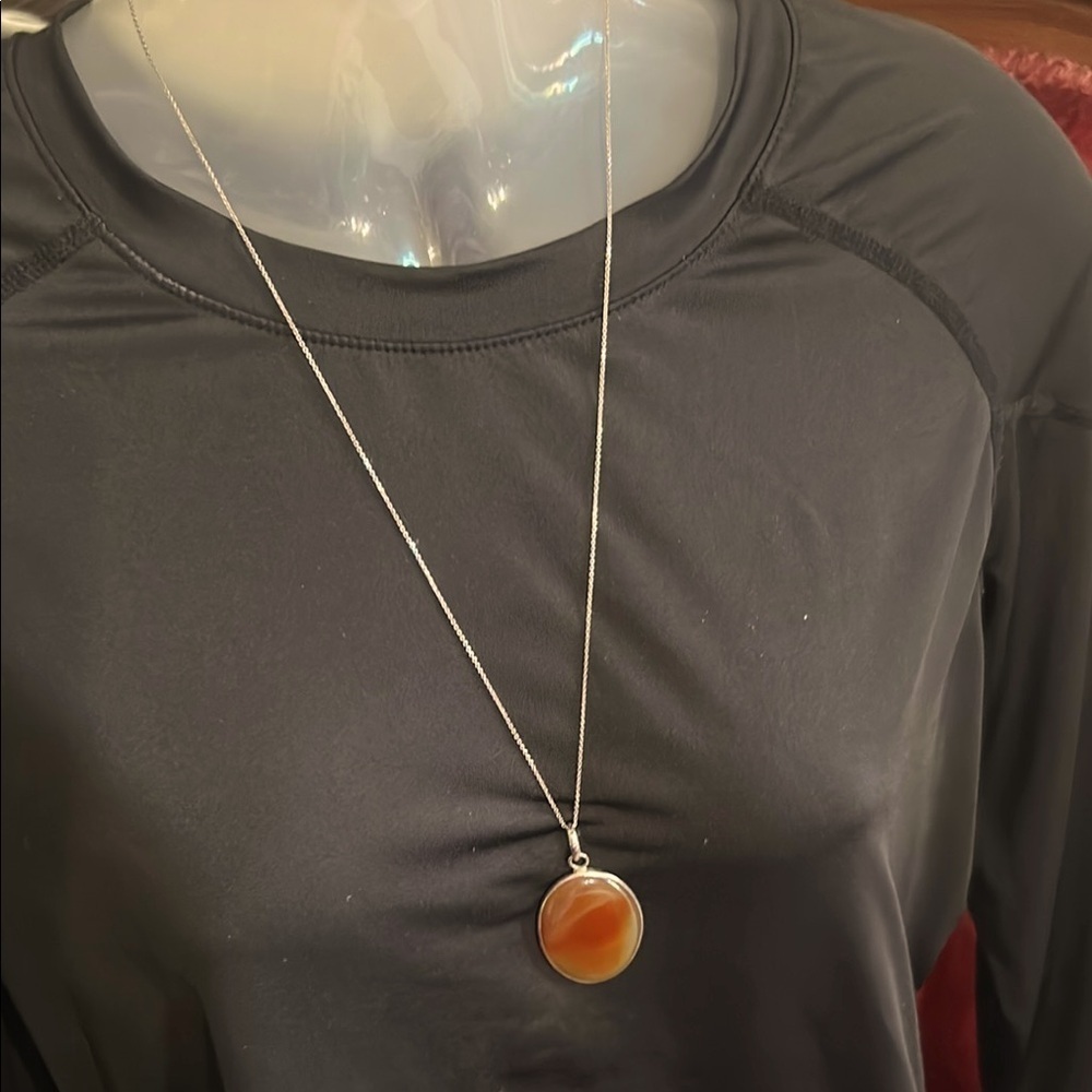 14K White Gold Chain Amber Agate Pendant Necklace 925 Silver​​​​​ - Picture 13 of 15
